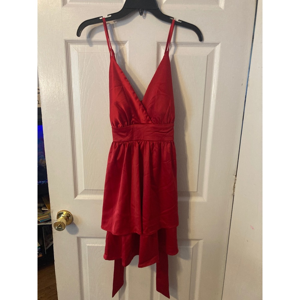 Xtraordinary Red Satin Tiered Mini Dress V-Neck Tie Back Special Occasion Size 9